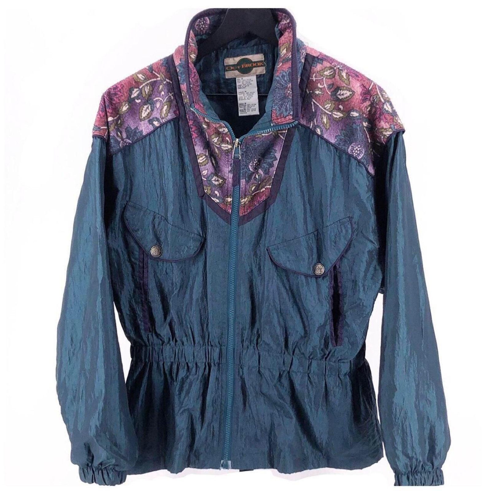 90's Floral Teal Windbreaker Jacket Vintage, Women's (Size Medium)