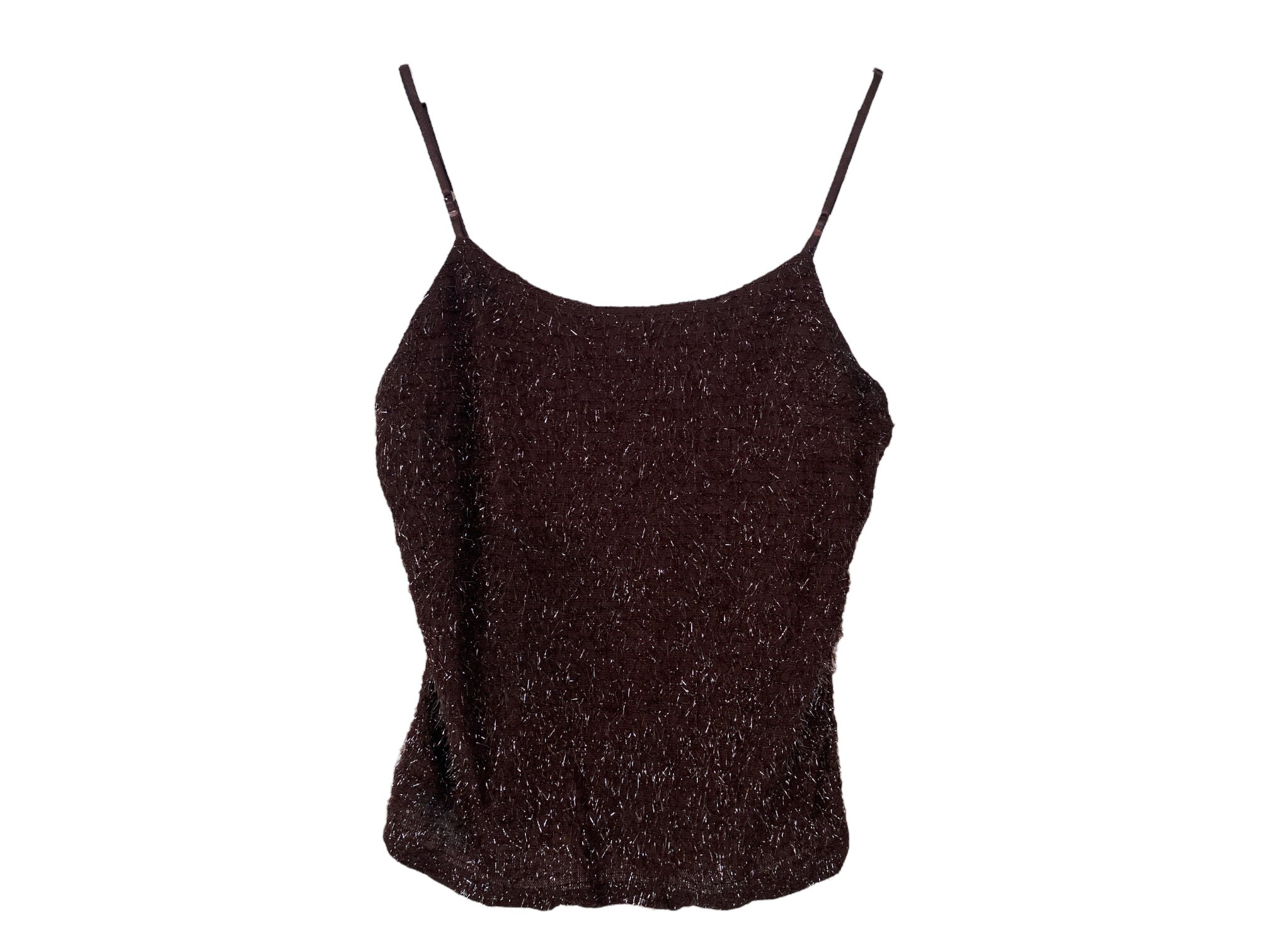 90's Fuzzy Tank Top Crop Grunge Y2K Vintage Fluffy Metallic Glitter Stretchy Straight Neck Festival M