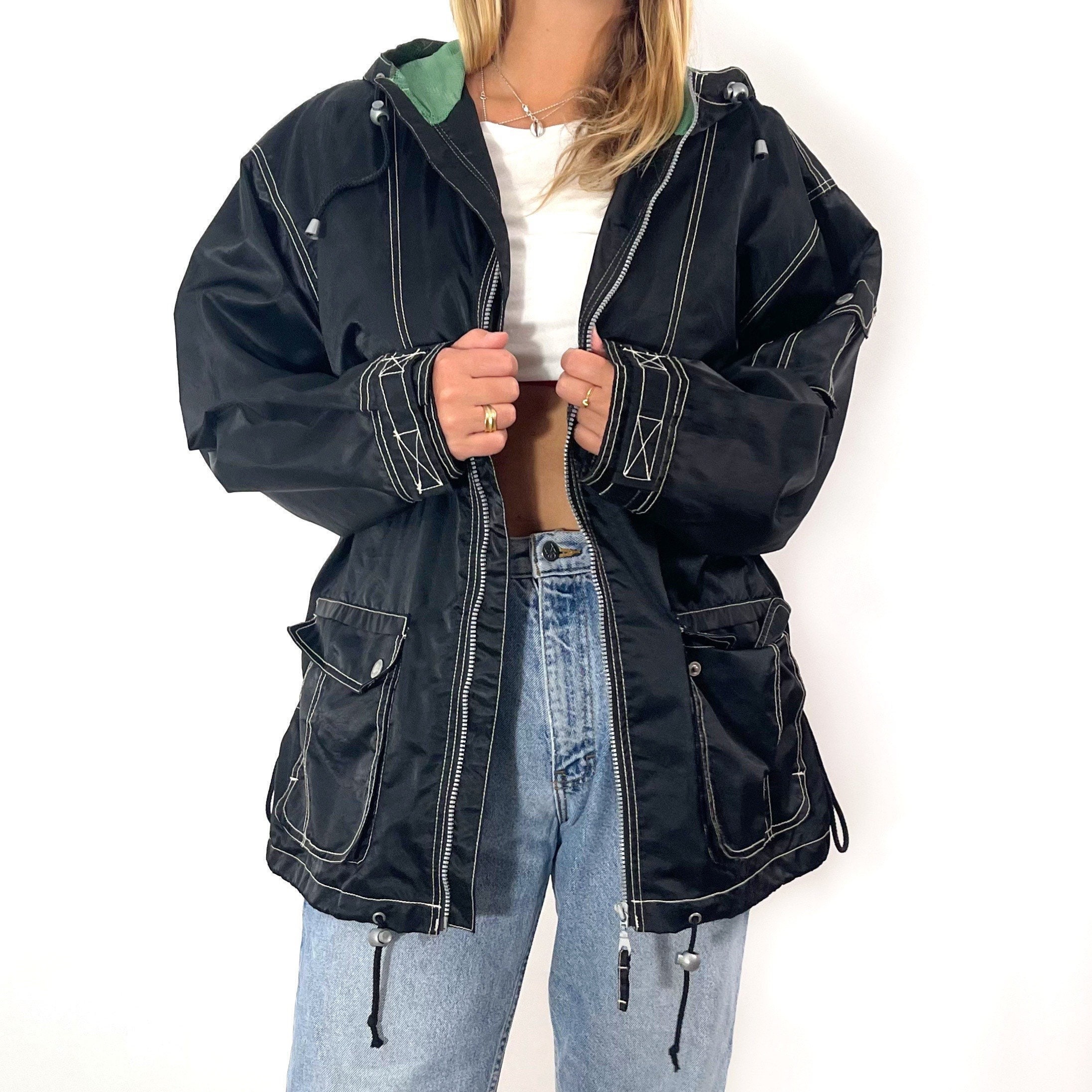 90's Hip Hop Ladies Black Parka | Vintage Baggy Streetstyle Jacket Medium - Large