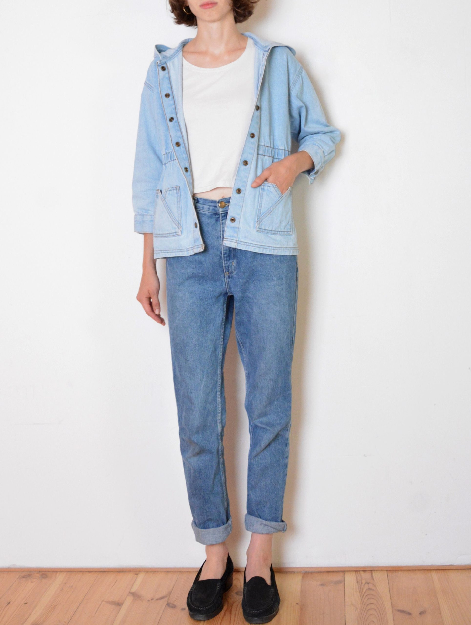 90's Hooded Denim Parka, Light Blue Jacket, Grunge Retro Vintage Petite Jeans Jacket Size Xs/Xxs