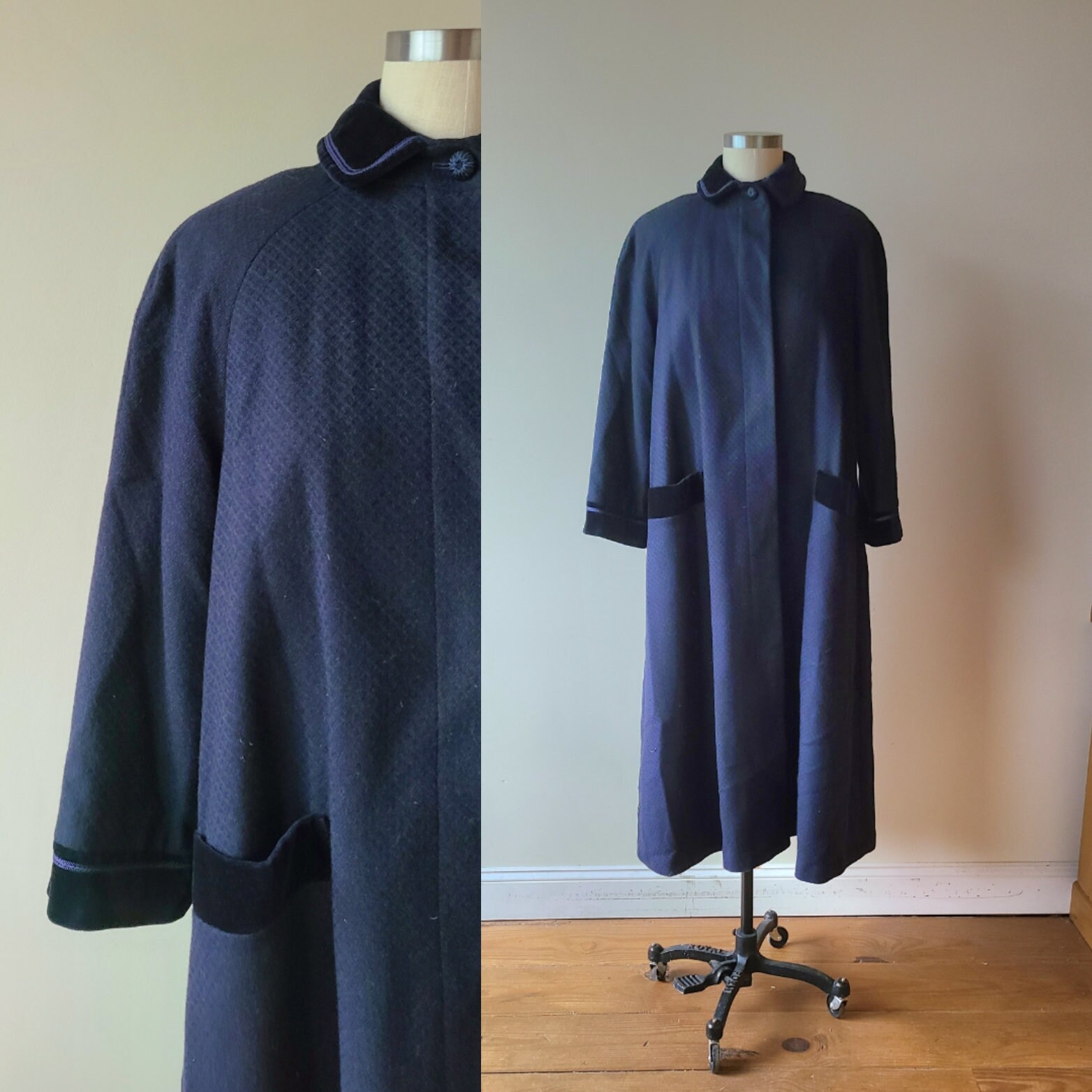 90's Laura Ashley Coat/Blue Wool Velvet Collar Duster Maxi Woven in Scotland Made Great Britain Size 8