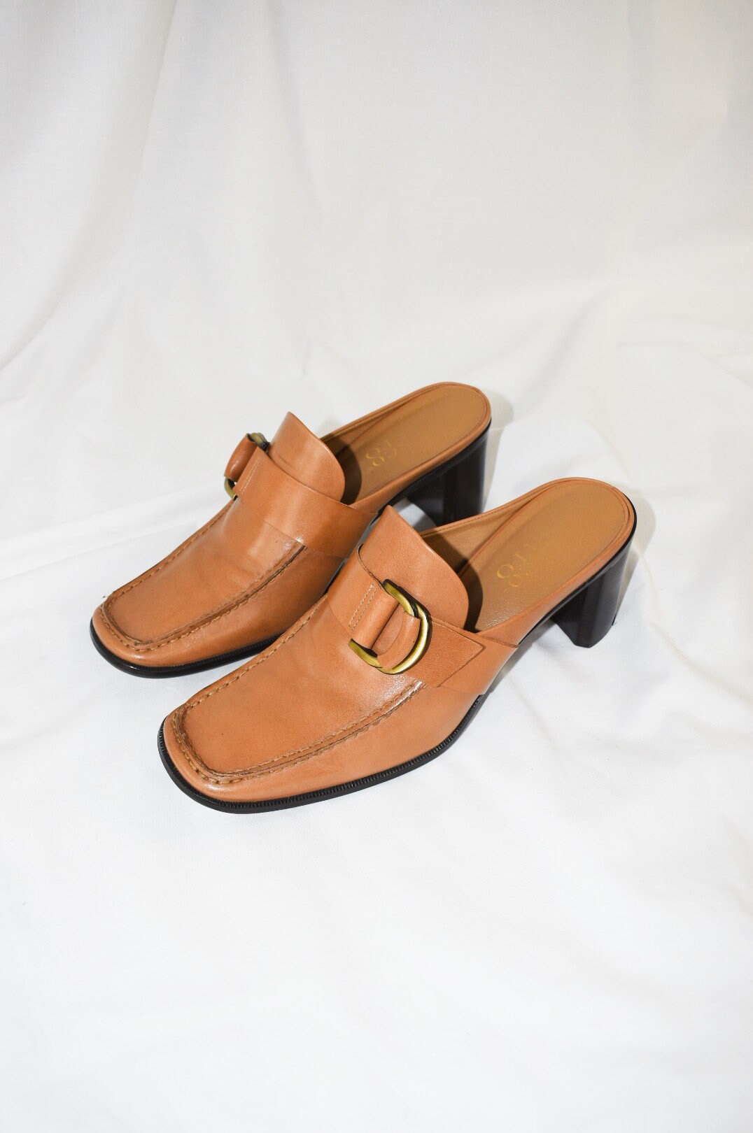 90's Tan Square Toe Chunky Mules/Block Heels Size 8.5