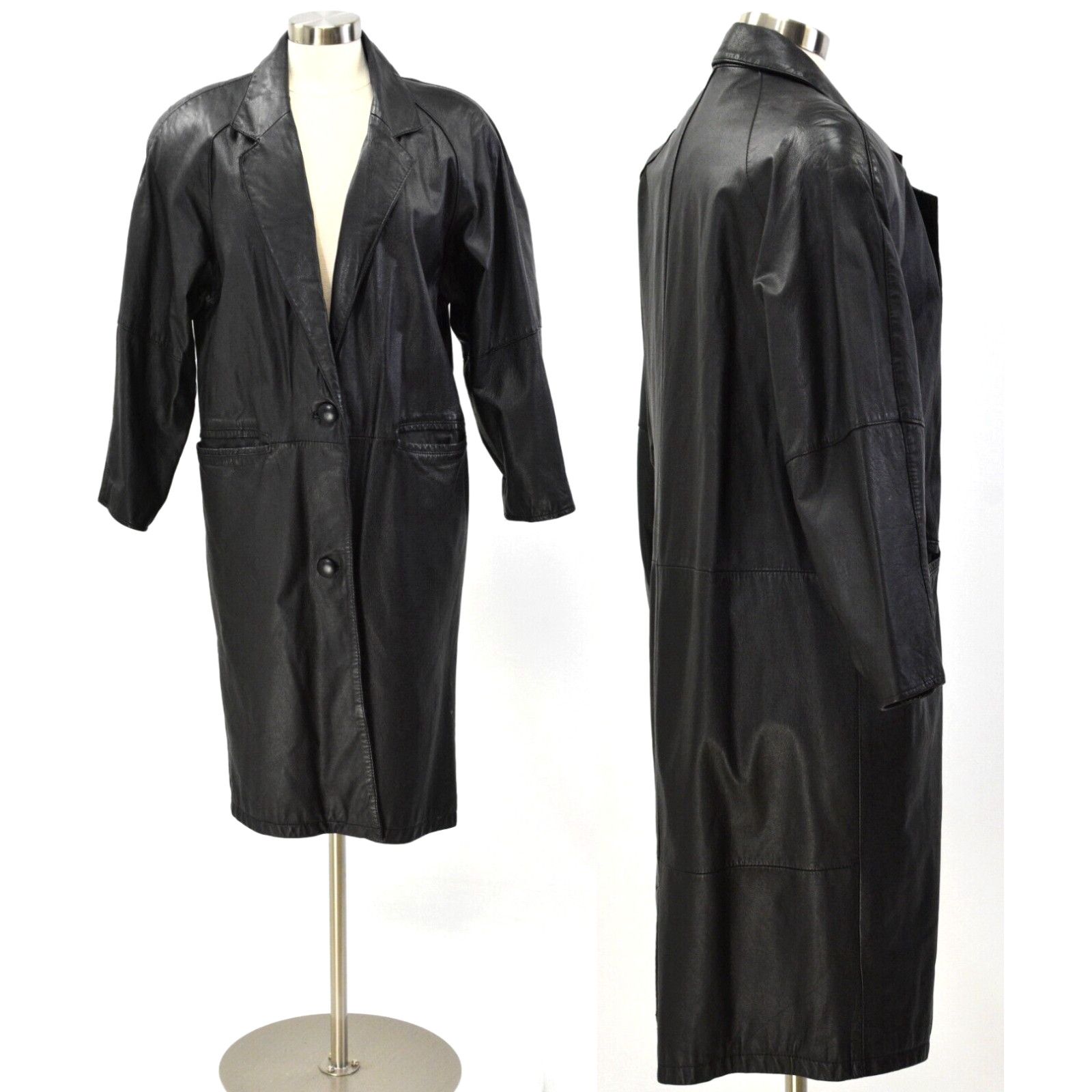 90's Vintage Global Identity Black Leather Duster Coat Womens M Oversized in White (Size Medium)