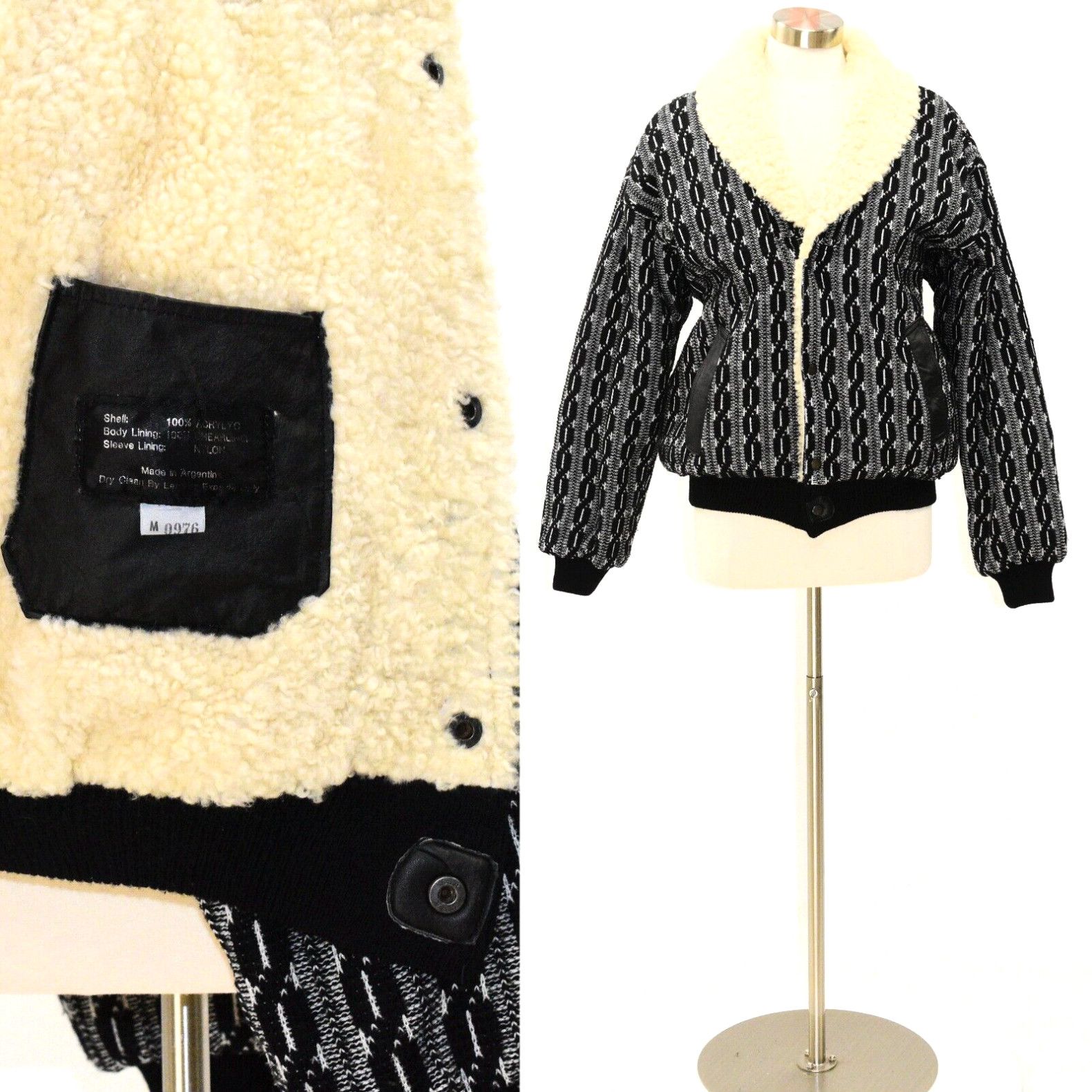 90's Vintage Womens Genuine Shearling Lined Coat Geometric Print Size M Oversized in White