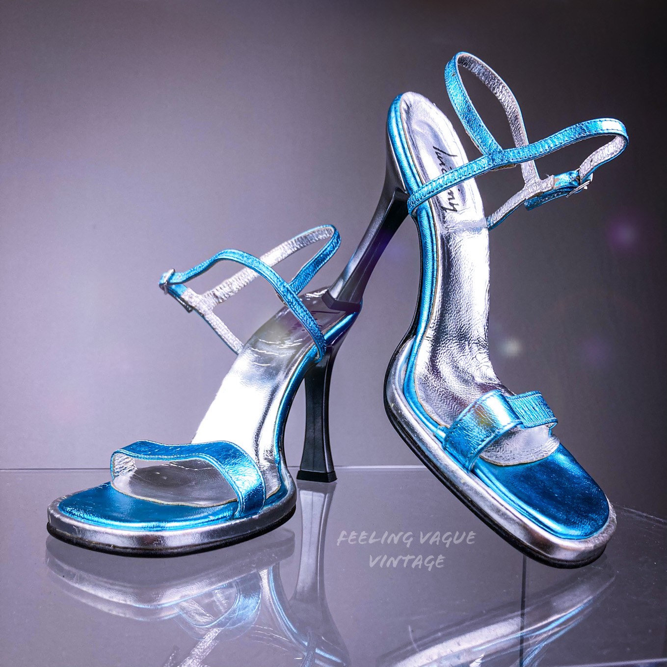 90's Y2K Metallic Blue & Silver Ankle Strap Sandals With Metal Heels // 9