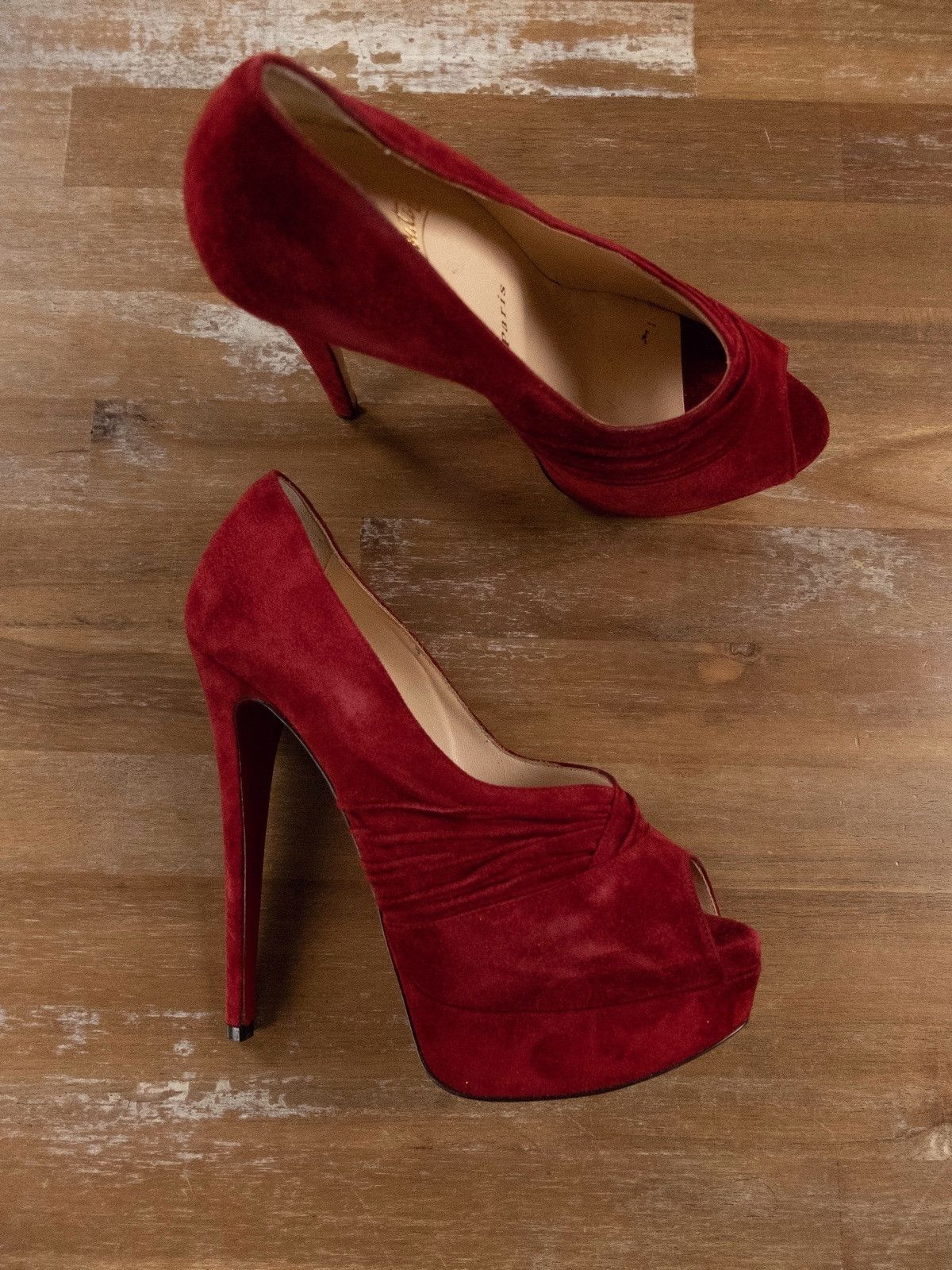 $945 Christian Louboutin Drapadita Red Suede Platform Pumps Shoes, Women's (Size 7)