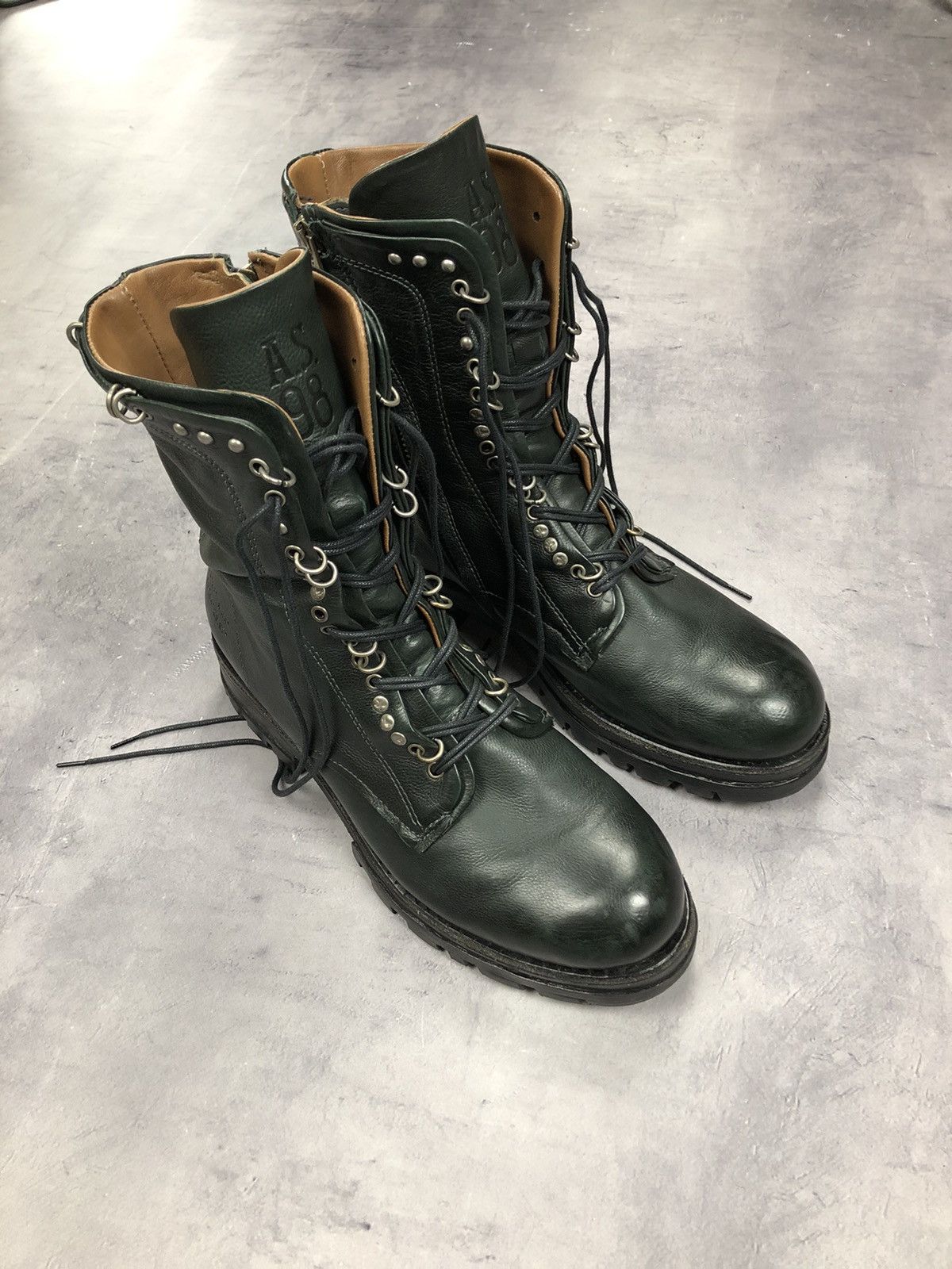 A S 98 A.s. 98 Hubie Leather Stud Ring Combat Lug Sole Boots Size40 in Dark Green, Women's