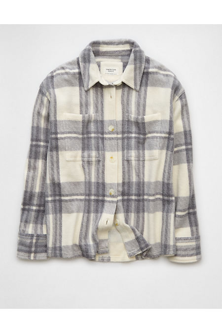 AE Fleece Plaid Shacket Women's Gray XS