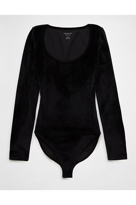 AE Long-Sleeve Scoop Neck Velvet Bodysuit Women's Black XXS