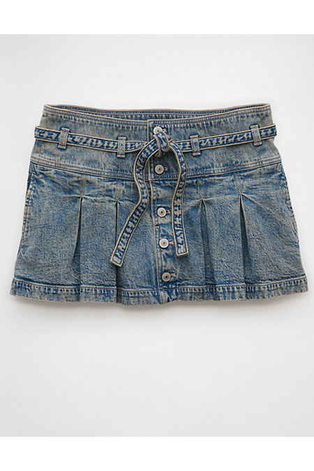 AE Stretch Low-Rise Belted Pleated Denim Mini Skirt Women's Light Wash 2