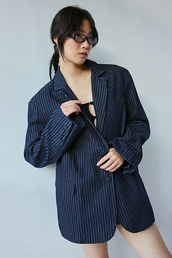 AFRM Joette Oversized Cotton Blend Blazer Jacket in Dark Wash, Women's at Urban Outfitters