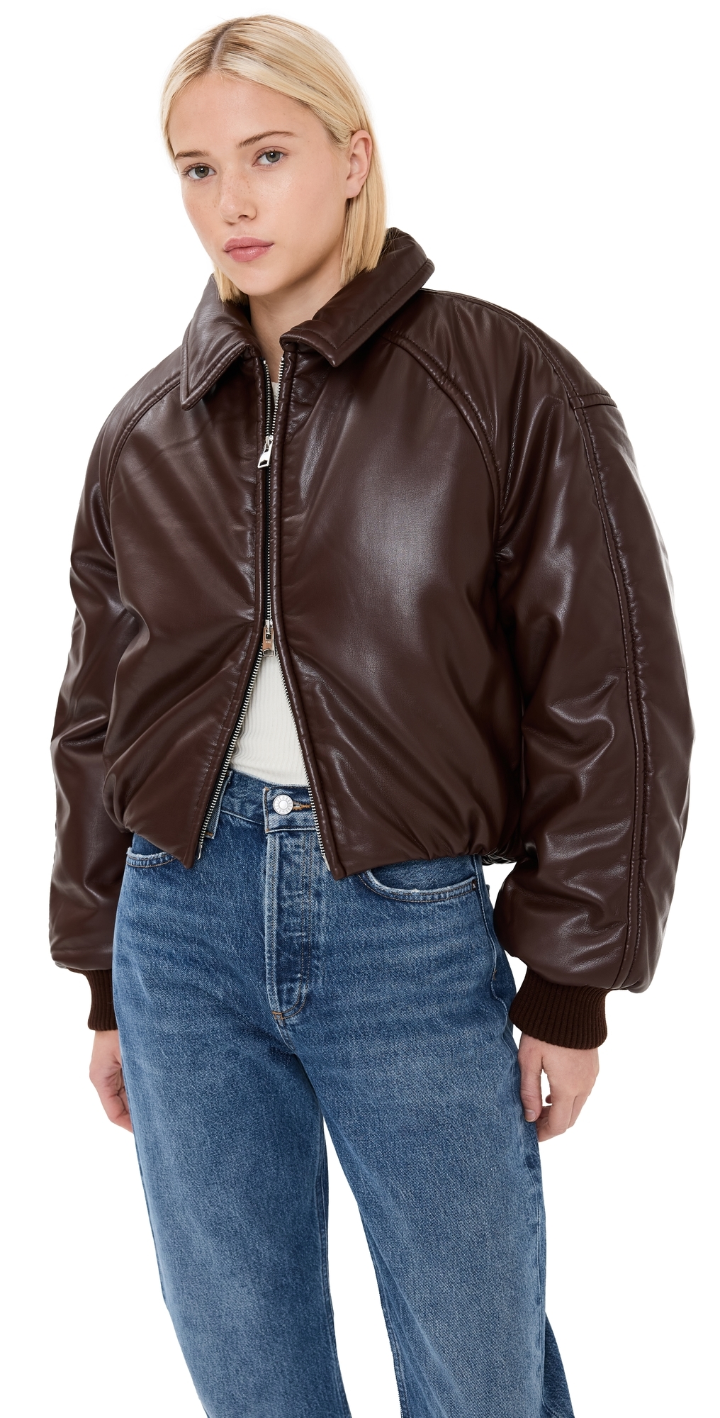 AGOLDE Tate Padded Faux Leather Bomber Jacket Espresso M