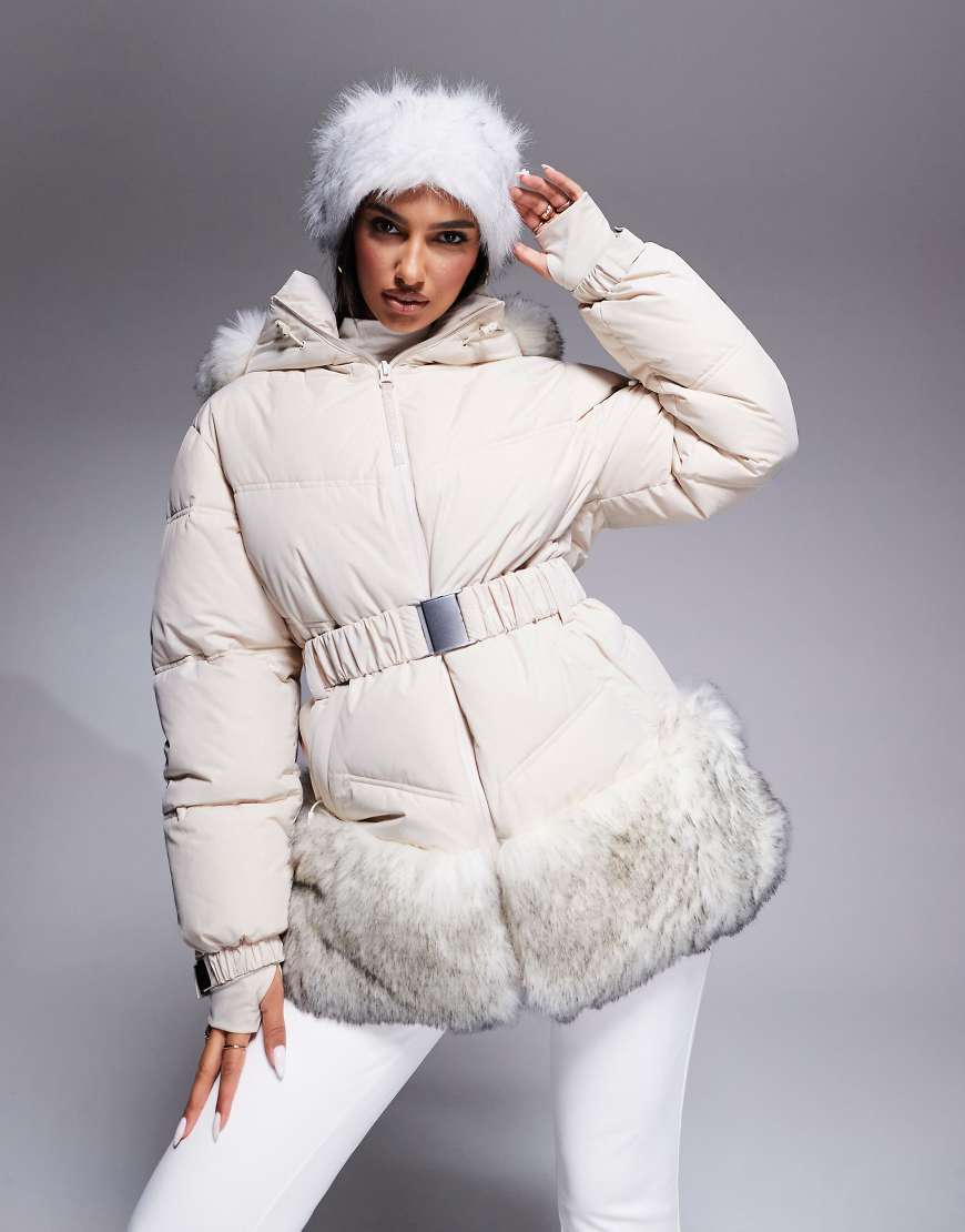 ASOS 4505 Ski belted puffer ski jacket with faux fur trim in cream-White