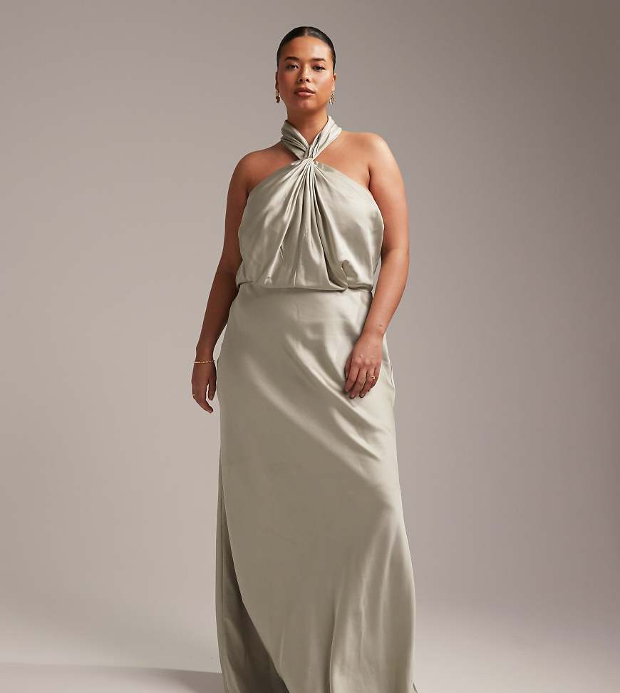 ASOS DESIGN Bridesmaid Curve satin ruched halter neck maxi dress in sage green