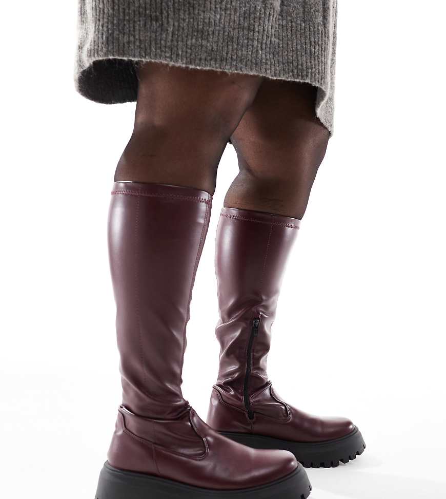 ASOS DESIGN Curve Canyon sock chunky knee boot in burgundy-Red