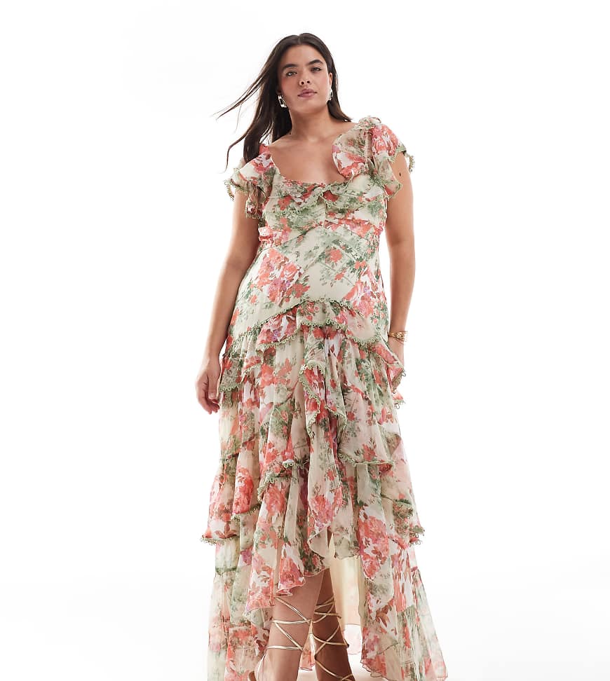 ASOS DESIGN Curve bardot maxi dress with tiered skirt and lace trim in floral print-Multi