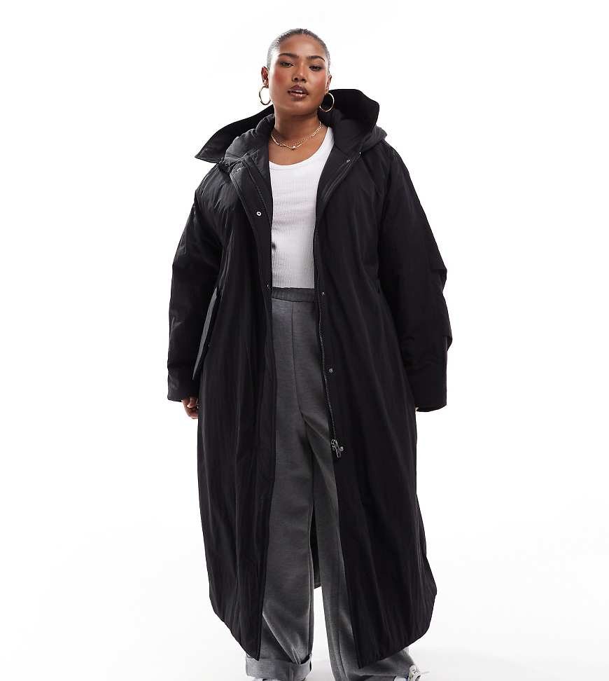 ASOS DESIGN Curve clean longline puffer coat with hood in black