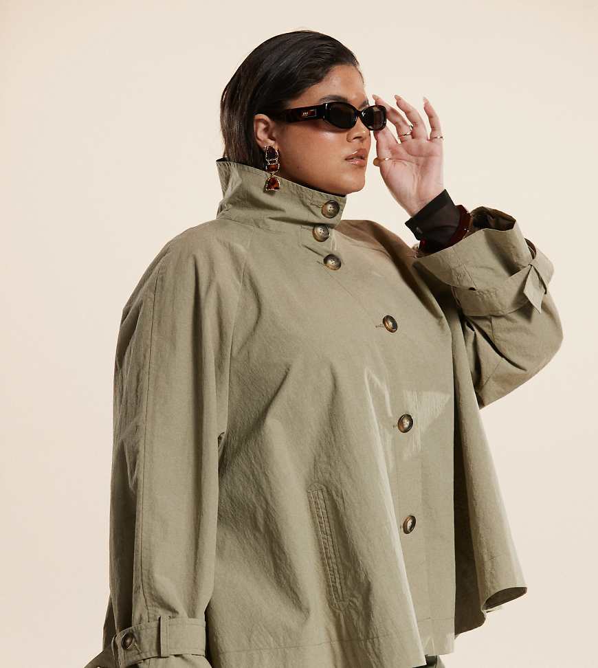 ASOS DESIGN Curve funnel neck cape back trench coat in olive-Green