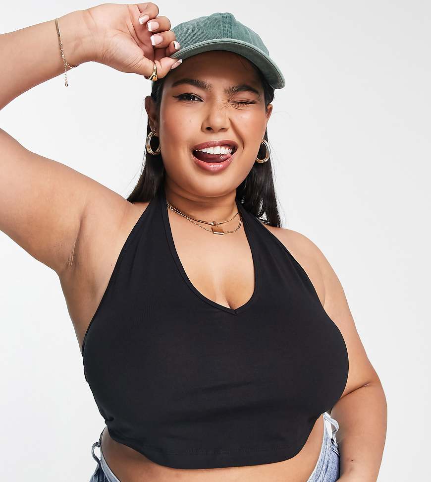 ASOS DESIGN Curve halter neck crop top in black