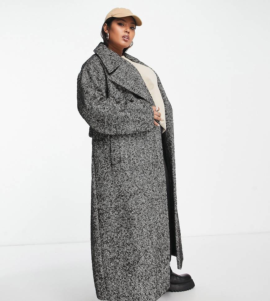 ASOS DESIGN Curve smart herringbone belted coat in black and white-Multi