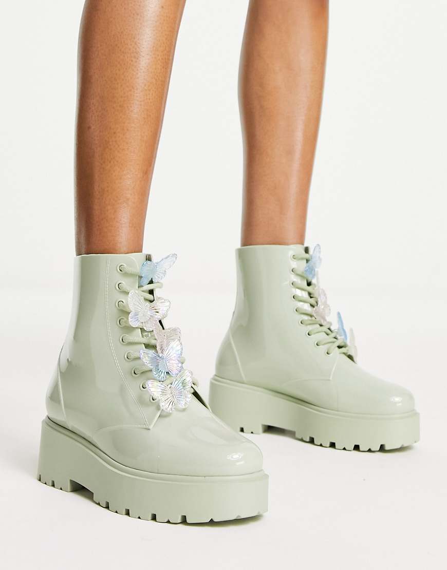 ASOS DESIGN Guava butterfly lace-up rubber boots in mint green