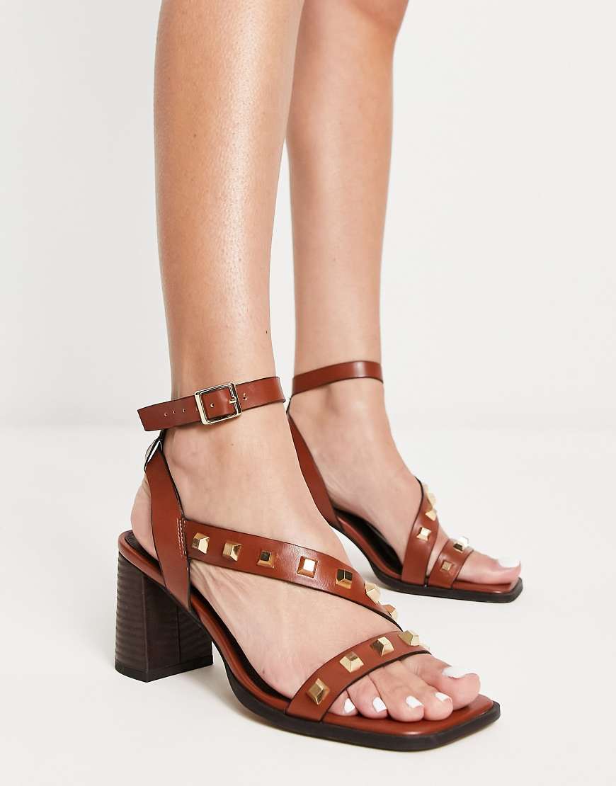 ASOS DESIGN Halter studded mid heeled sandals in tan-Brown