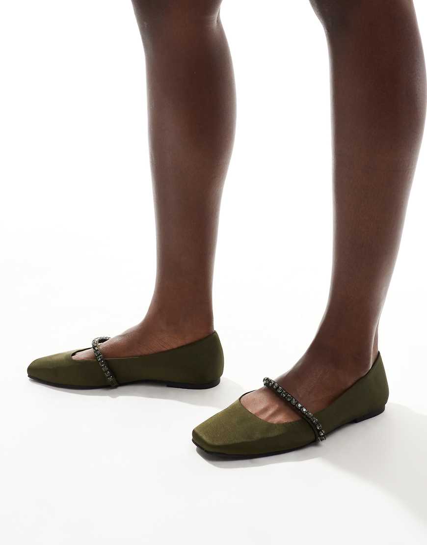 ASOS DESIGN Layla embellished mary jane ballet flat in olive-Green