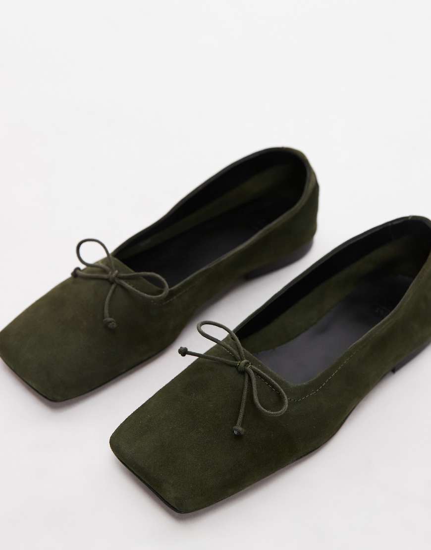 ASOS DESIGN Lotus premium suede ballet flats in khaki-Green