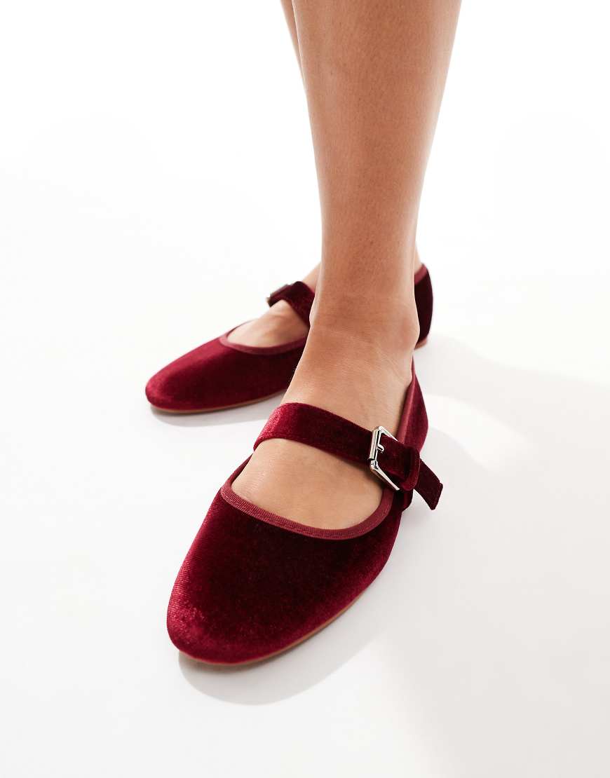 ASOS DESIGN Lou Mary Jane ballet flats in burgundy velvet-Red