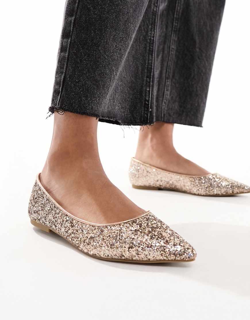 ASOS DESIGN Lucky pointed ballet flats in rose gold glitter