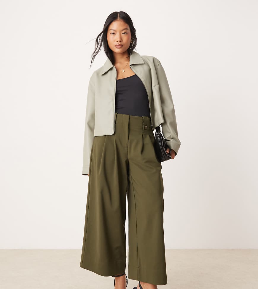 ASOS DESIGN Petite cropped adjustable tab waist pants in olive-Green