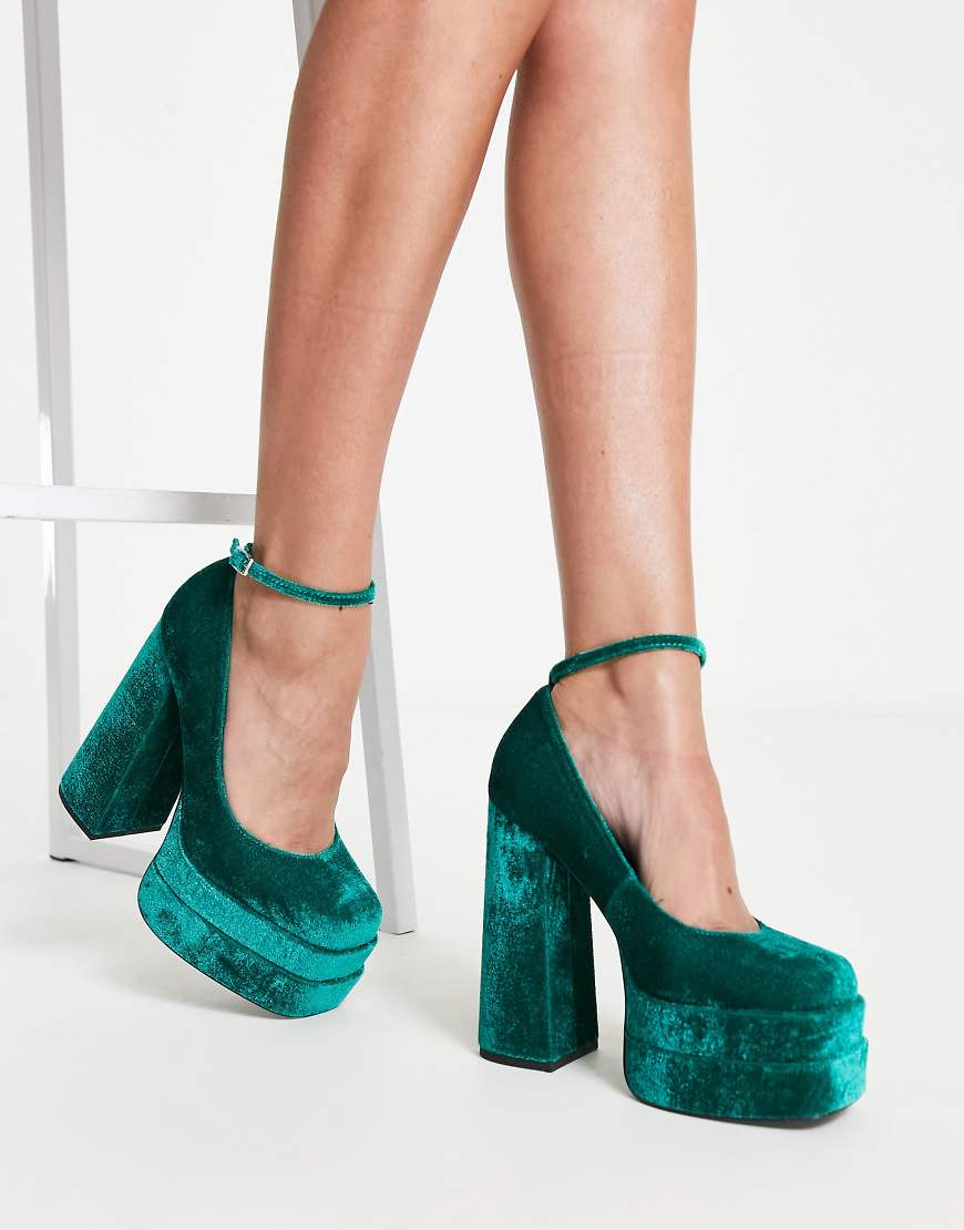 ASOS DESIGN Pistol double platform heeled shoes in teal velvet-Blue