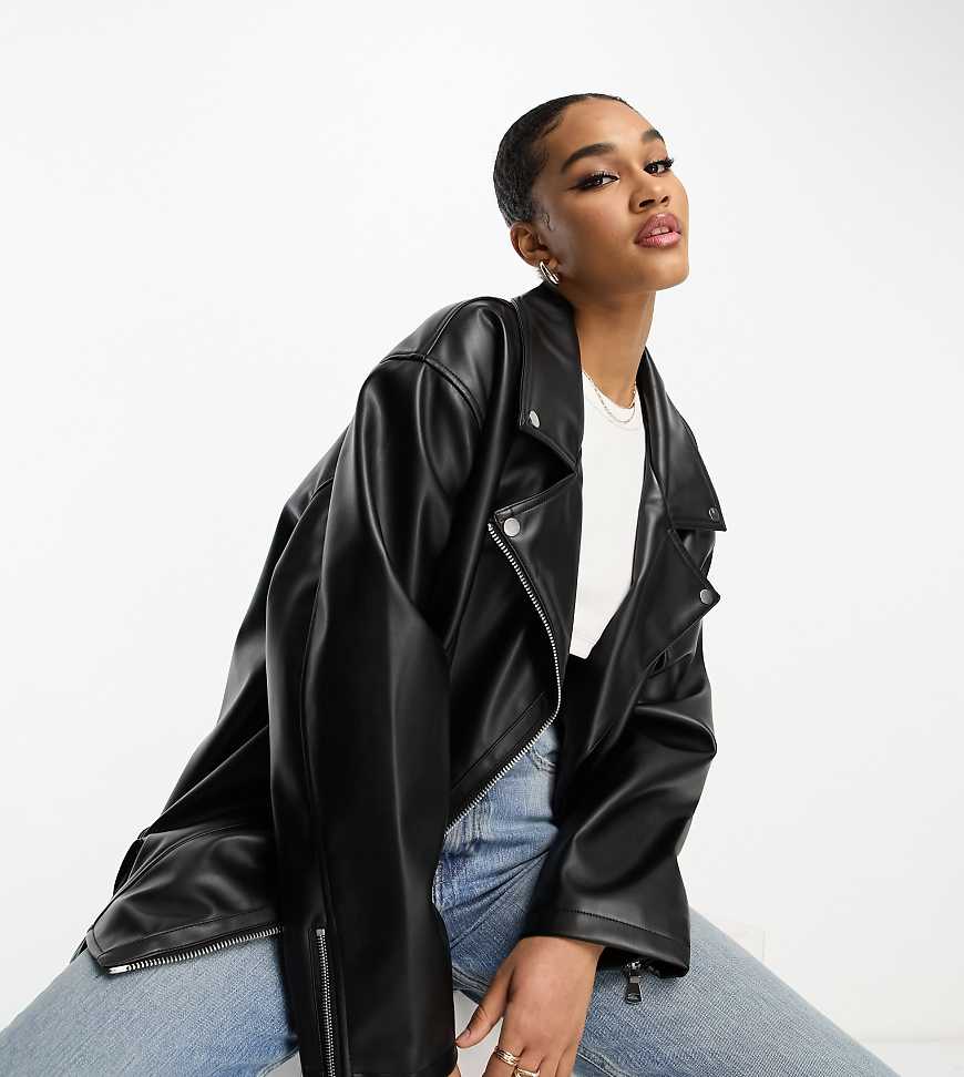 ASOS DESIGN Tall longline oversized faux leather biker jacket in black