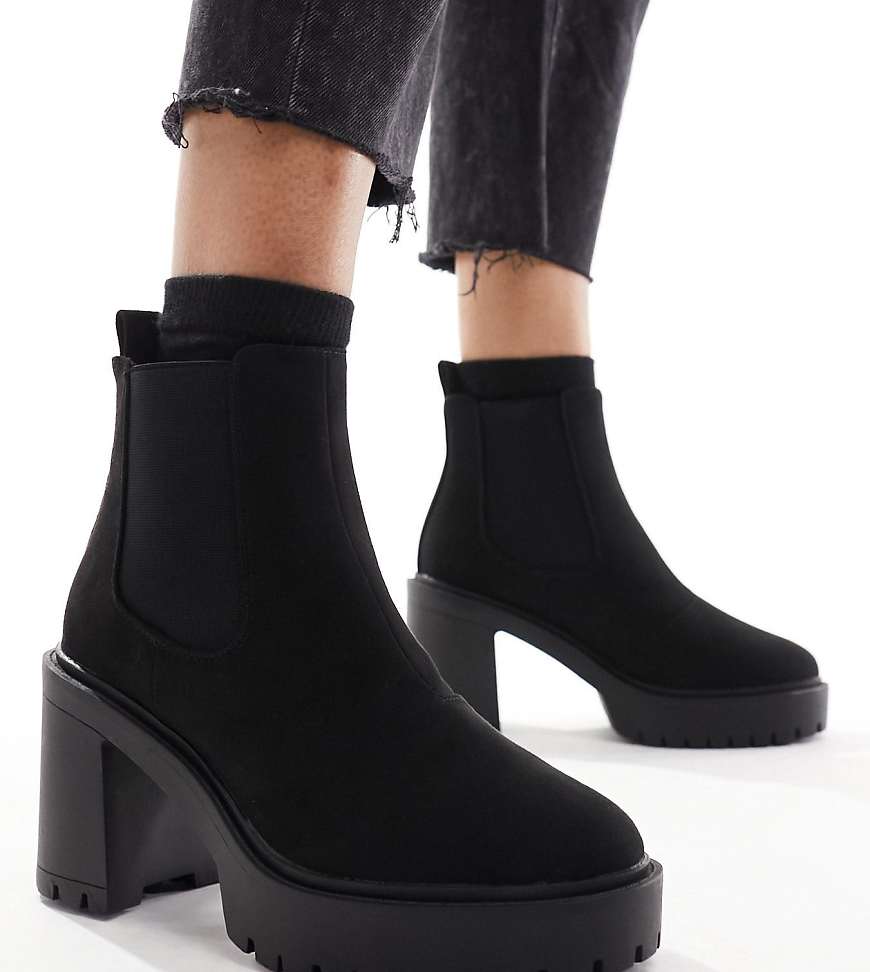 ASOS DESIGN Wide Fit Elma heeled chunky chelsea boots in black