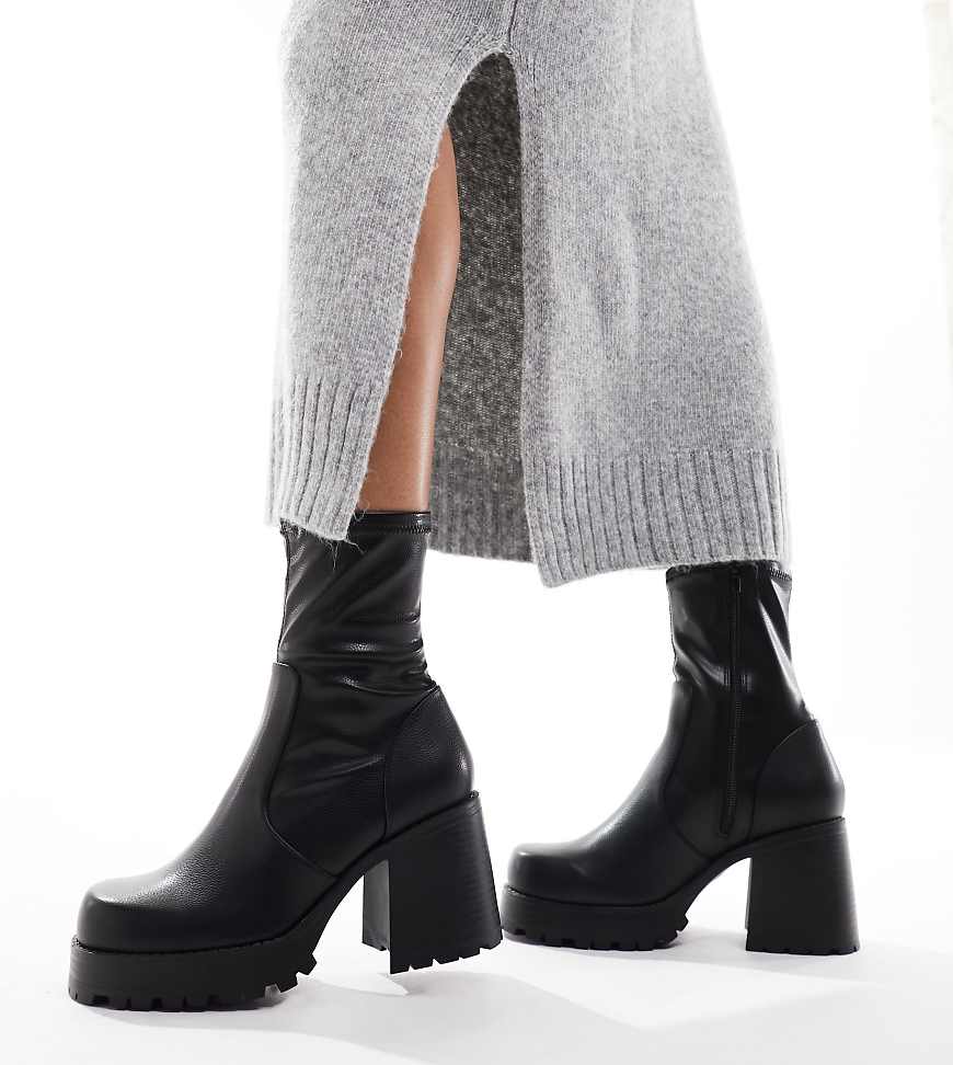 ASOS DESIGN Wide Fit Retreat mid-heeled sock boots in black