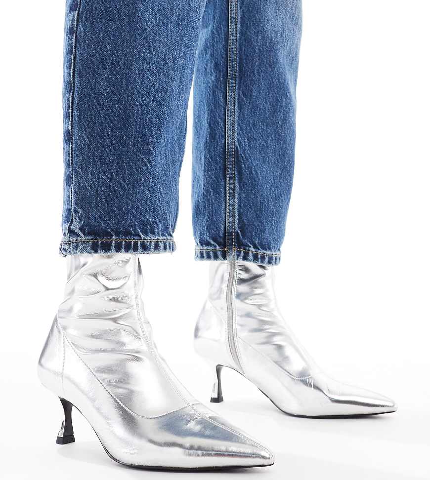 ASOS DESIGN Wide Fit Ryder kitten heel sock boots in silver