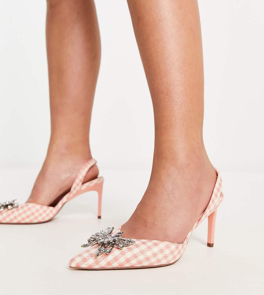 ASOS DESIGN Wide Fit Santana butterfly detail slingback mid heeled shoes in pink houndstooth