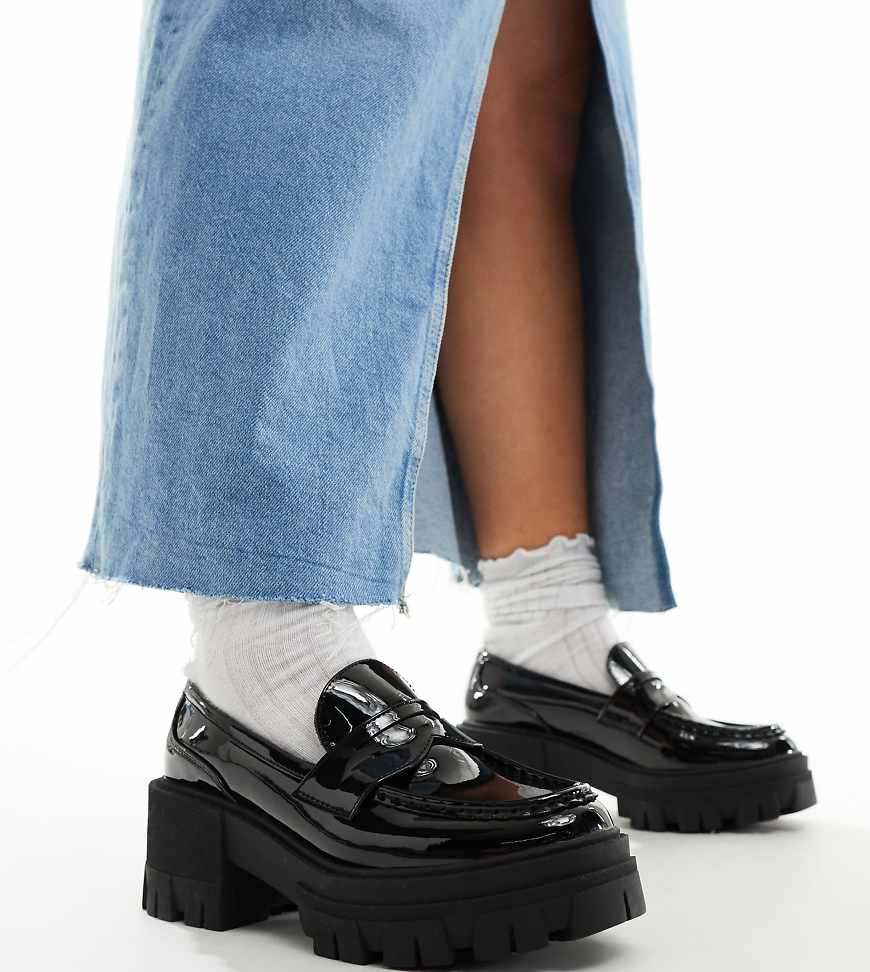 ASOS DESIGN Wide Fit Script chunky mid heel loafers in black patent