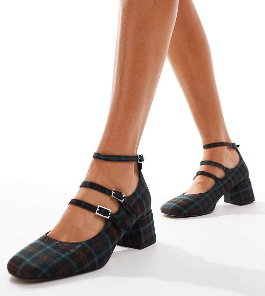 ASOS DESIGN Wide Fit Socco mid block heeled mary jane shoes in plaid-Multi