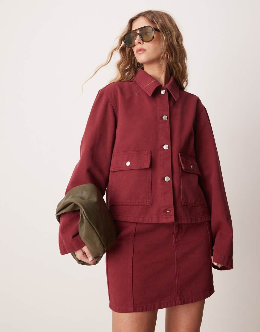 ASOS DESIGN boxy collared denim jacket in pomegranate - part of a set