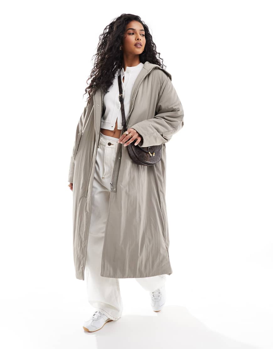 ASOS DESIGN clean longline puffer coat with hood in sage-Green