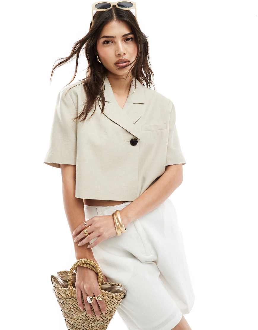 ASOS DESIGN cropped asymmetric blazer with short sleeves in beige-Neutral