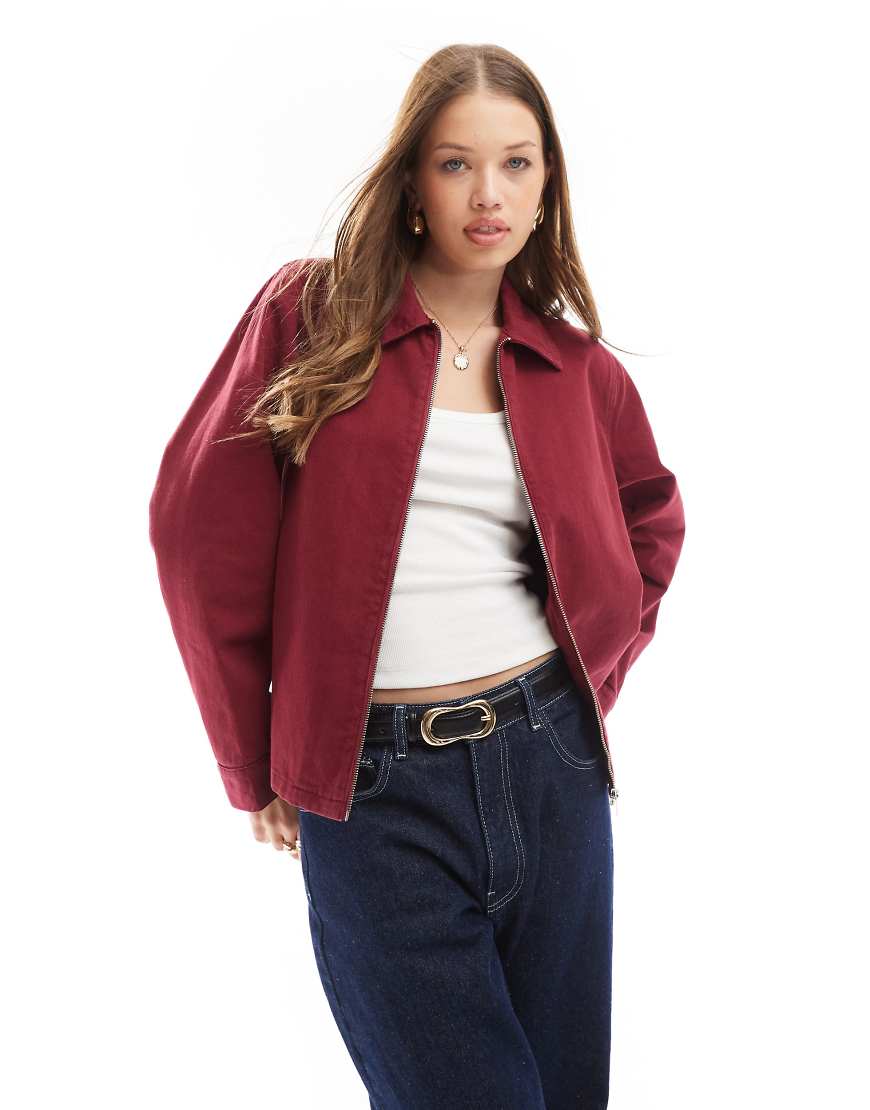 ASOS DESIGN denim harrington jacket in burgundy-Red