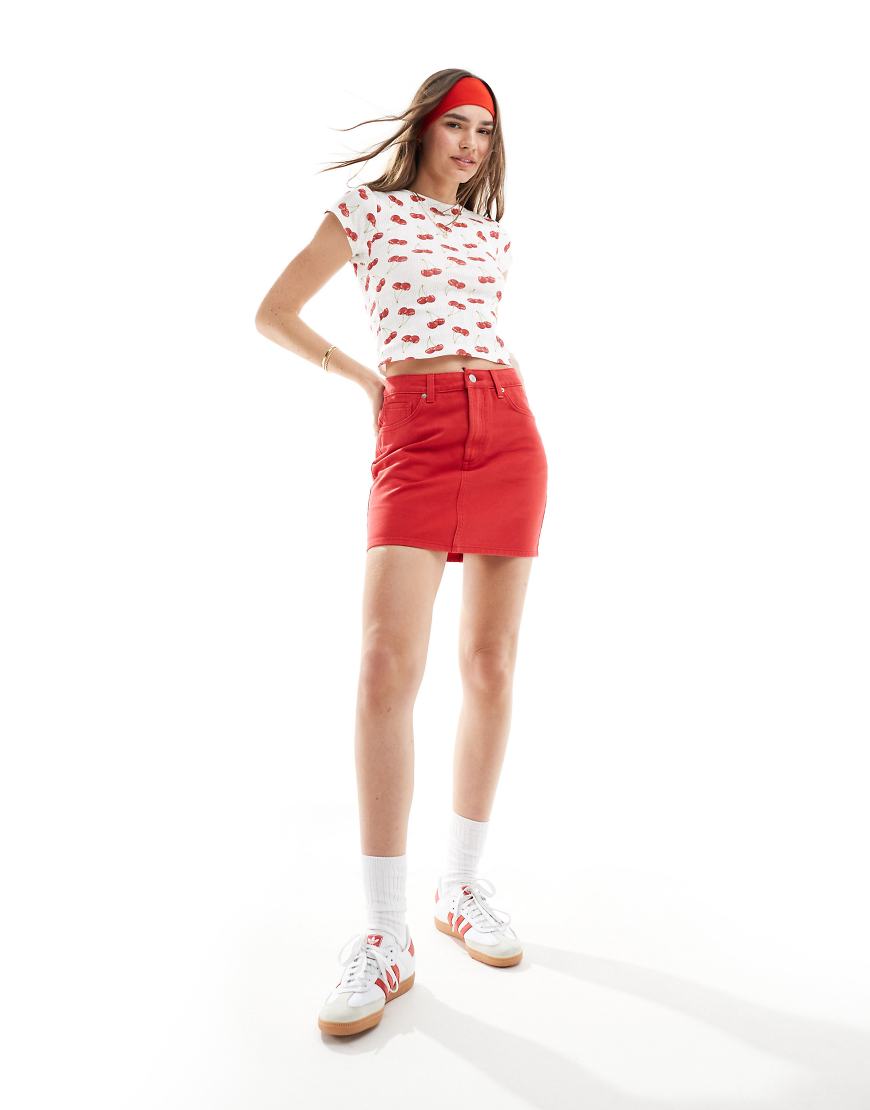 ASOS DESIGN denim high rise mini skirt in red