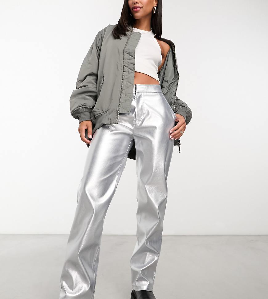 ASOS DESIGN faux leather straight leg pants in metallic-Silver