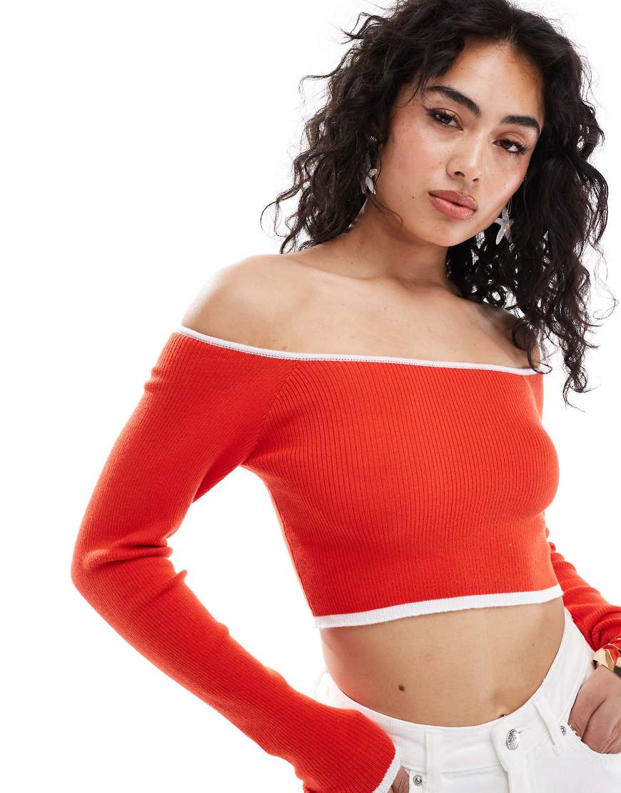 ASOS DESIGN knit off shoulder bardot top in red