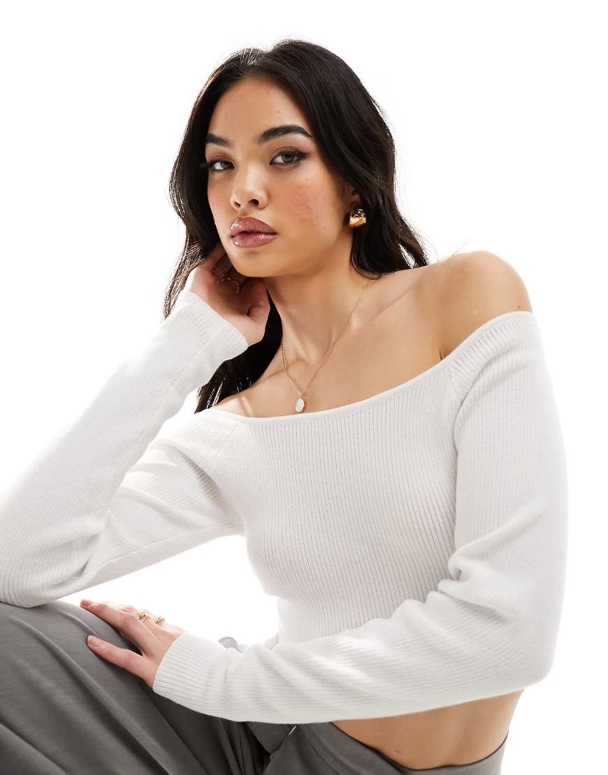 ASOS DESIGN knit off shoulder bardot top in white