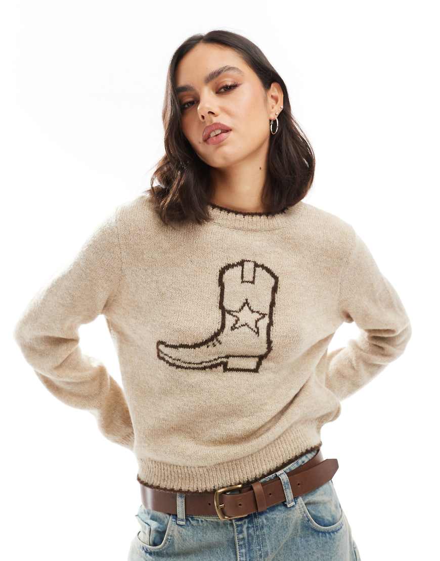 ASOS DESIGN knit oversized sweater with cowboy boot in cream-White