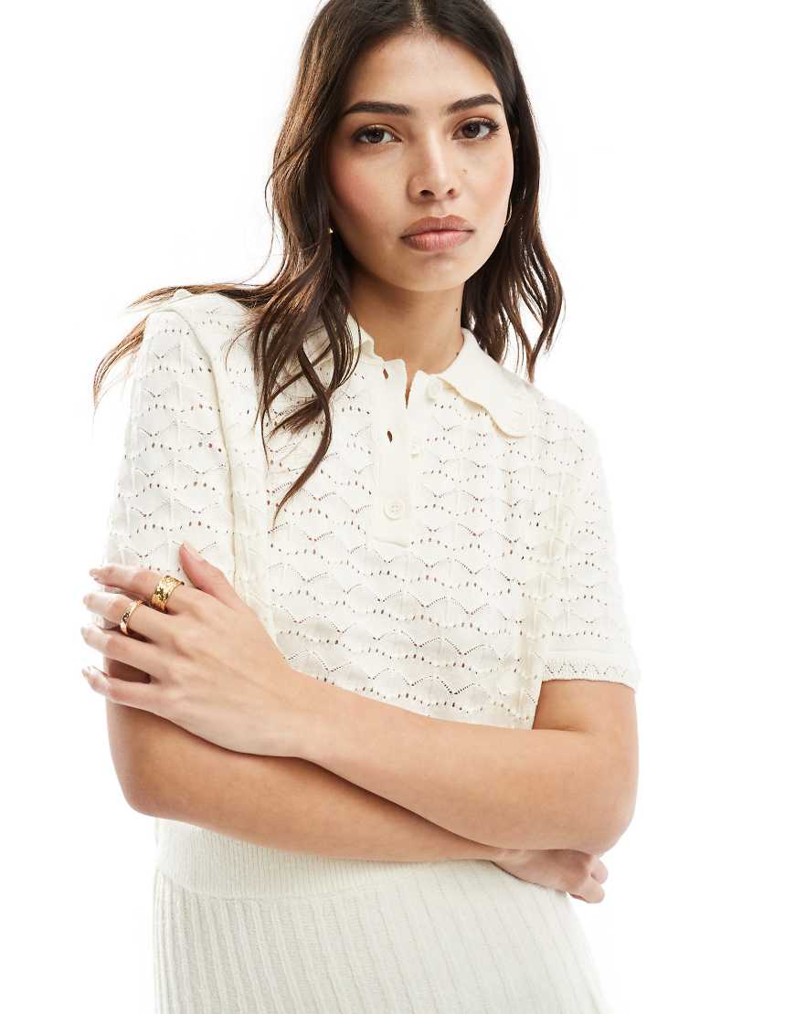 ASOS DESIGN knit polo top with stitch detail in cream-White