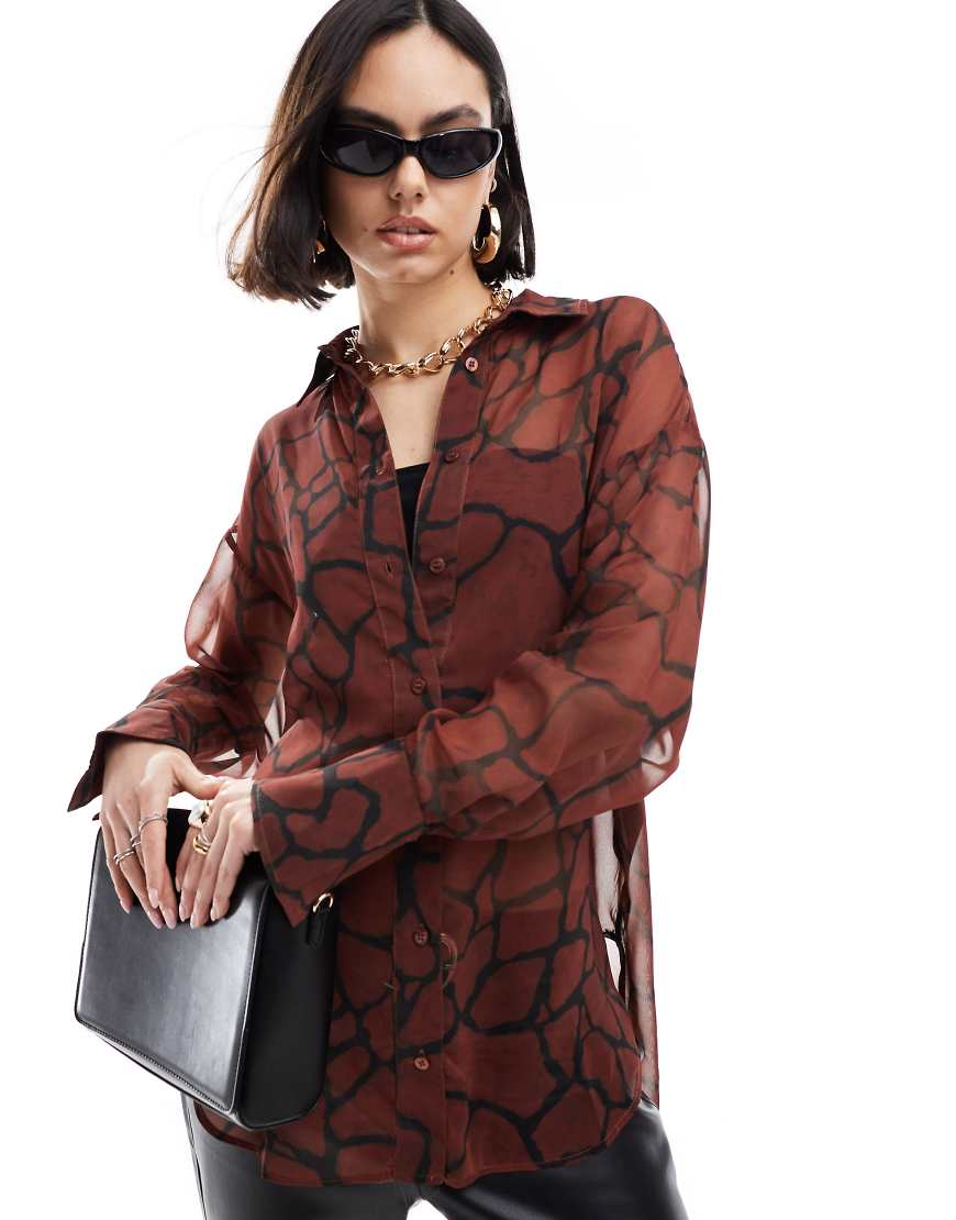 ASOS DESIGN longline sheer shirt in red crackle print